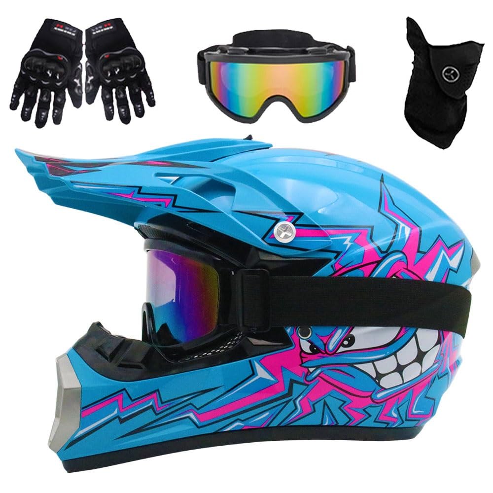 Casco de Motocross para NiñOs Y JóVenes, Aprobado por Dot, para VehíCulos Todo Terreno de Cuatro Ruedas, con Gafas, Guantes Y MáScara, para Descenso, MX, AVT, Moto de Cross