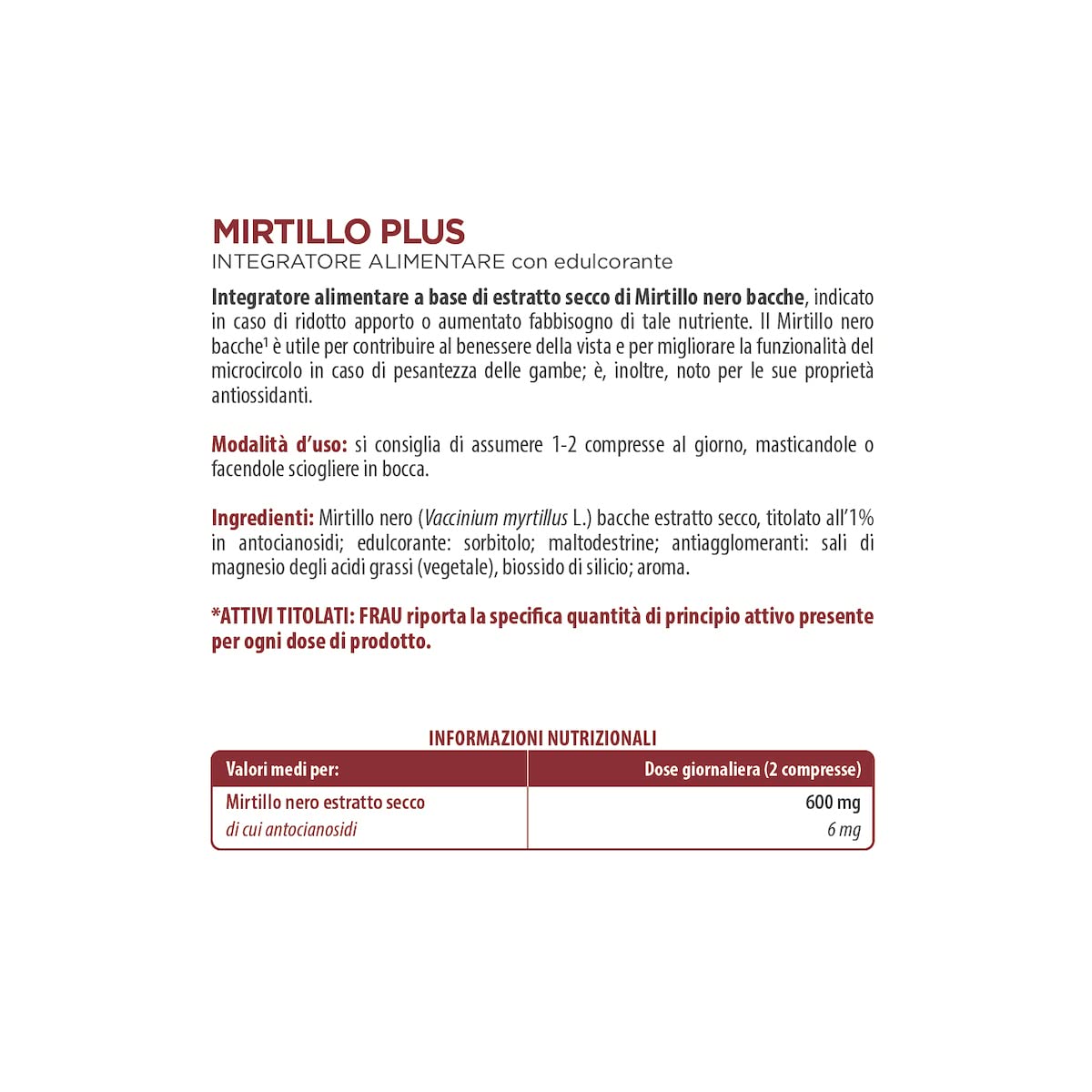 FRAU Mirtillo Plus, Integratore Microcircolo A Base Di Estratto Secco Di Mirtillo Nero, 4 Confezioni x 30 Compresse Masticabili, Gambe Pesanti E Benessere Della Vista, Senza Glutine