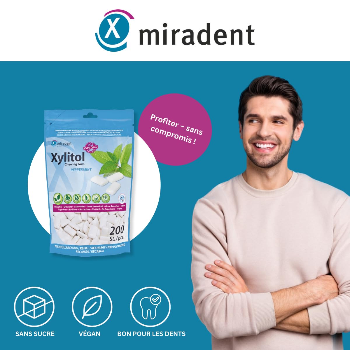 Miradent Chewing-gum dentaire au xylitol Pack économique 200 pcs goût Menthe poivrée sans sucre vegan