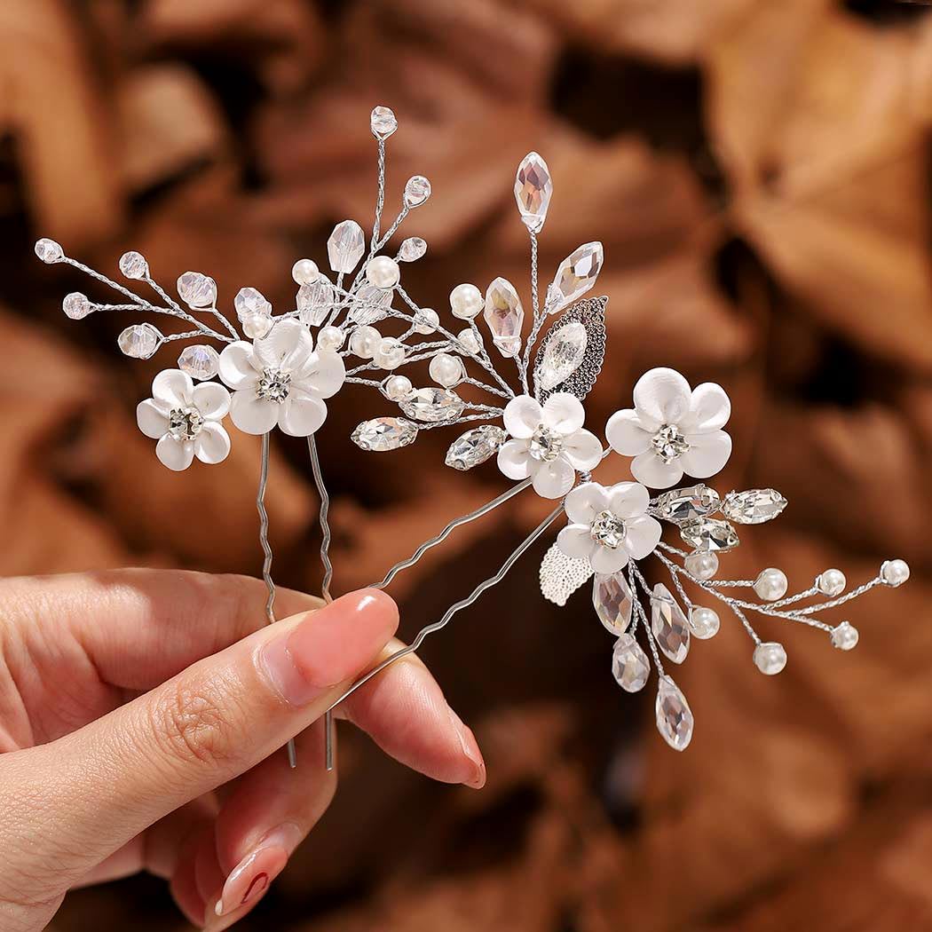 Gorais Flower Bride Wedding Hair Pins Silver Rhinestone Bridal Hair Pieces Pearl Hair Clips Hair Accessories for Women and Girls (Pack of 2)
