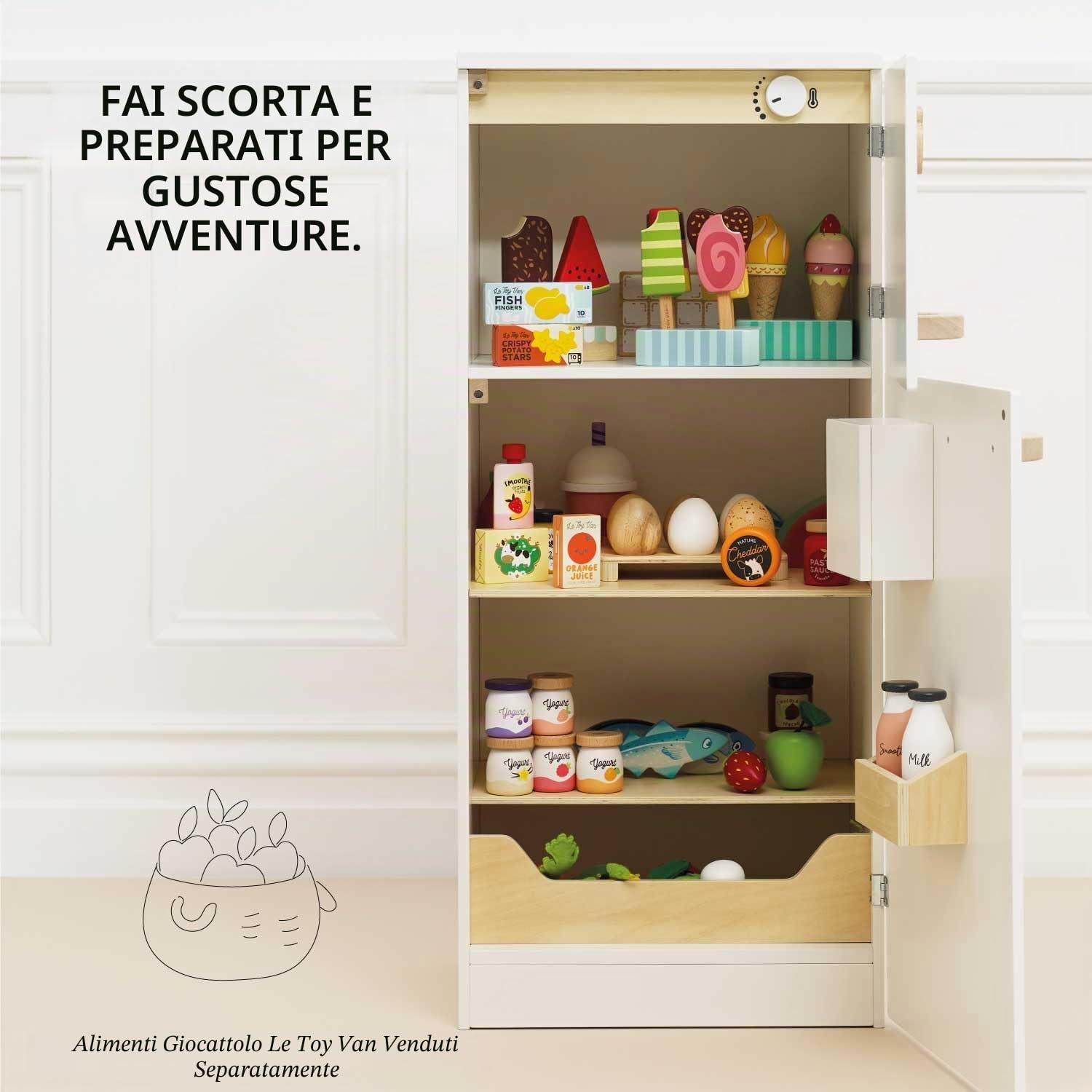 Le Toy Van - TV348 - Gioco educativo frigo giocattolo bambina, per bambini dai 3 anni, per cucina giocattolo in legno Montessori, accessori inclusi, freezer con sportello magnetico
