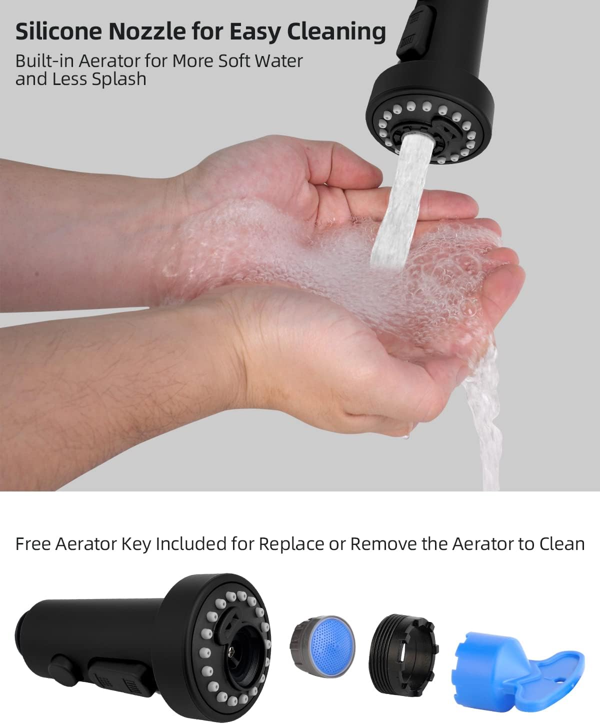 Hibbent NSF/ANSI/CAN 61 & CUPC Certified Pull Down Kitchen Faucet Head Replacement, 3 Function Sink Faucet Sprayer Head Nozzle, 15 Adapters, Compatible with Moen, Delta, Kohler Faucets, Matte Black