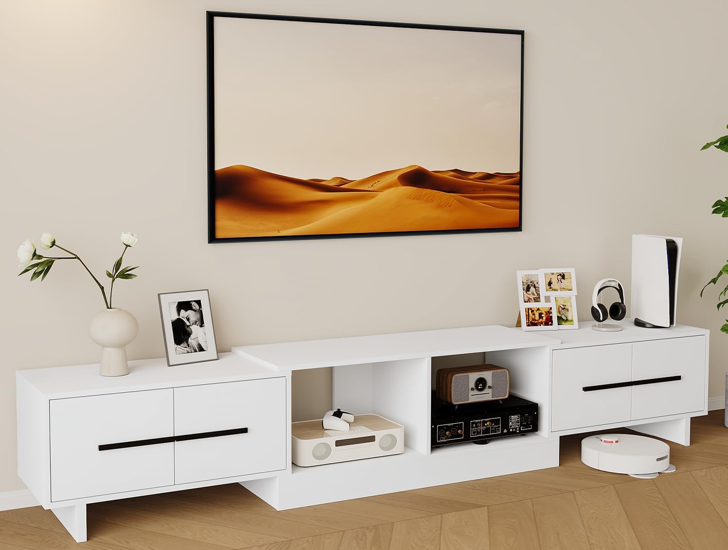 Extendable TV Stand, Modern Media Console for Up to 100 Inch TV, 67"-90" Extendable Entertainment Center with 2 Large Cabinets & Open Shelves, TV Cabinet for Living Room-White