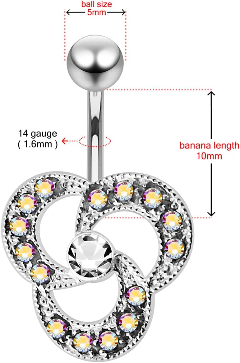 Multi Crystal Gemstone Fashion Triple Circle Swirling Design 925 Sterling Silver with Stainless Steel Belly Ring - Belly Button jewelry - Navel jewelry