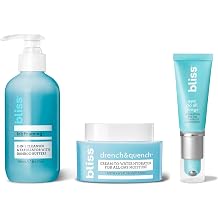Bliss Essentials Skincare Kit - Eye Do All Things Hydrating Eye Gel, Drench & Quench Hyaluronic Acid Face Moisturizer & 2-in-1 Foaming Facial Cleanser and Exfoliator