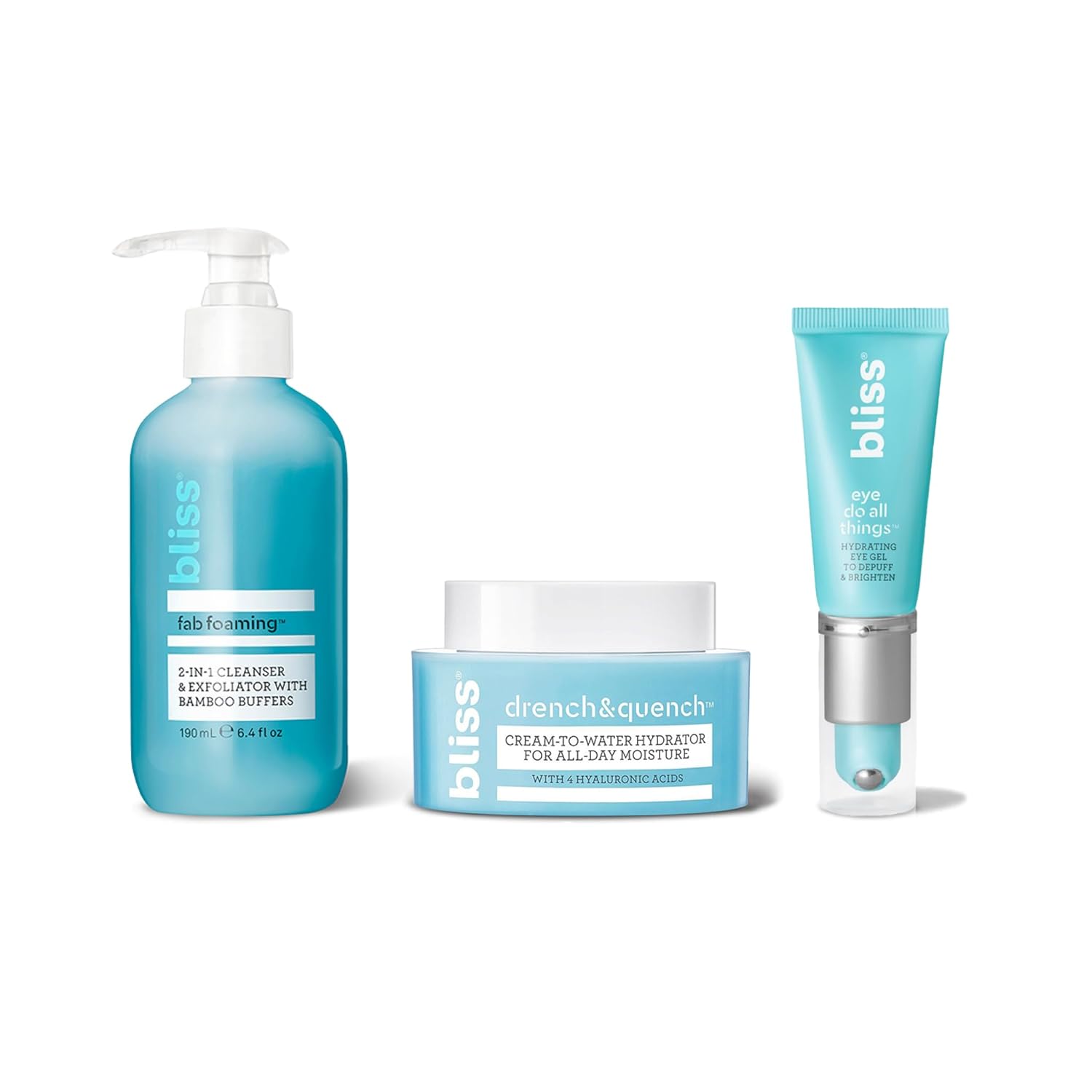 Bliss Essentials Skincare Kit - Eye Do All Things Hydrating Eye Gel, Drench & Quench Hyaluronic Acid Face Moisturizer & 2-in-1 Foaming Facial Cleanser and Exfoliator