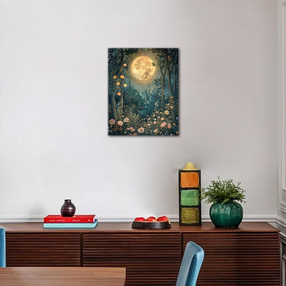 TISHIRON Malen nach Zahlen Erwachsene Kit - Mondlicht Wald mit Blumenlandschaft Motiv, Romantische Nachtlandschaft DIY Malen für Erwachsene - 40x50 cm(Gerahmt)