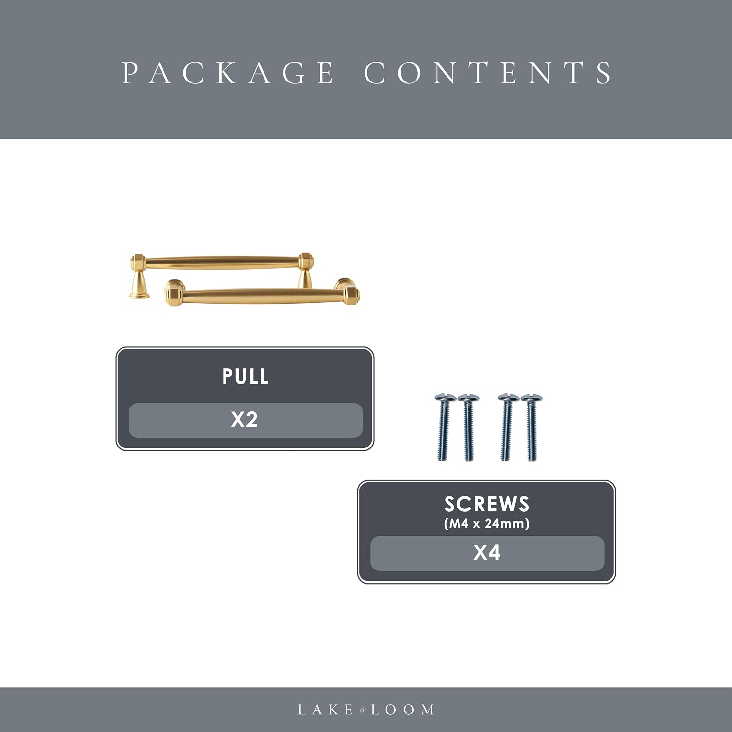 Lake & Loom 4-Pack Haywood Brushed Brass Cabinet Pulls – 5.3-Inch (128mm) Gold Handles, Solid Zinc Alloy, Kitchen, Bathroom, Dresser Drawers, Furniture Hardware