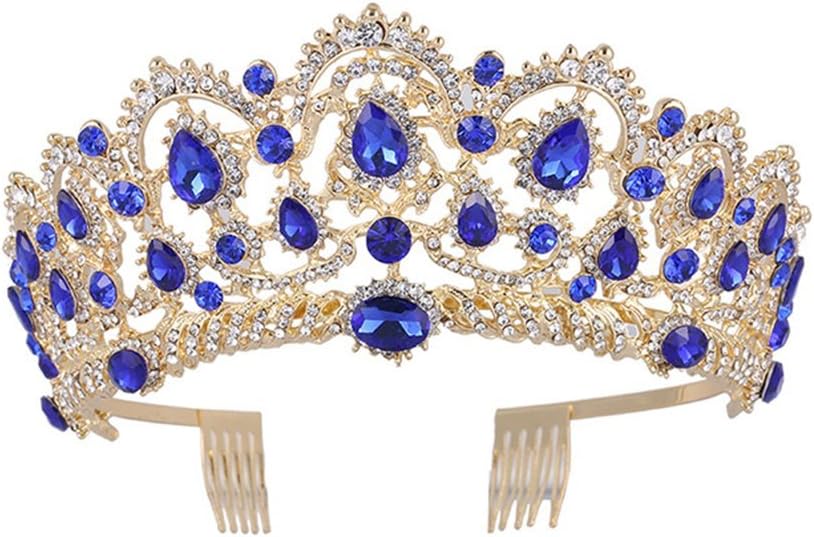 FRCOLOR Jeweled Baroque Queen Crown, Korean Water Drill Bride Crown Top Hair Tiara Crystal Wedding Tiara Quinceanera Costume Party Hair Accessories (Blue)