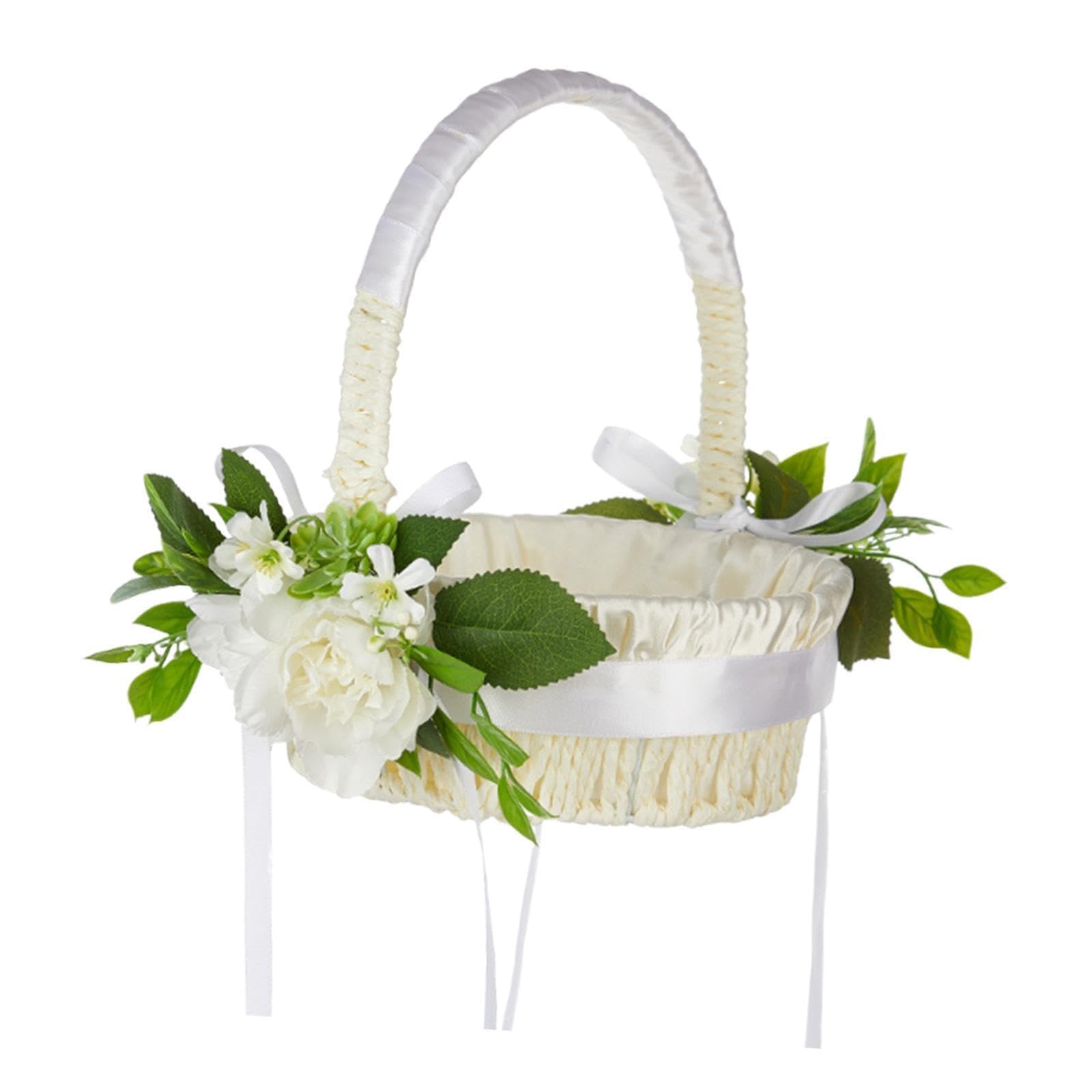 KTUXZCI Wedding Basket With Ribbons Comfortable Polyester Lightweight Rustic Flower Girls To Hold Flowers And Rose Petals Satin Flower Basket Wedding Party, White, 30x24cm