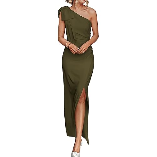 PRETTYGARDEN Women's Summer One Shoulder Long Formal Dresses Sleeveless Ruched Bodycon Wedding Guest Slit Maxi Dress
