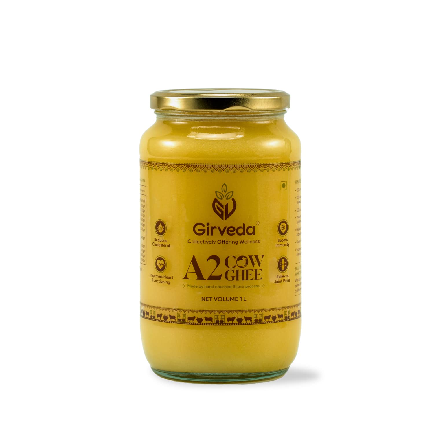 Girveda A2 Gir Cow Ghee, 1L - Traditional Vedic Bilona Method - Two Way Hand Churned - A2 Cow Ghee from Gir Region Gujarat - Gir Cow Cultured Desi Ghee - Natural & Healthy, Non-GMO | Lab Certified