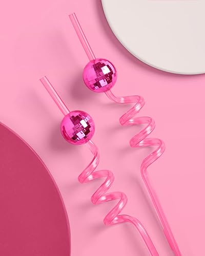 Miniatura 5 de xo, Fetti Juego de pajitas espirales de bola de discoteca rosa, 16 piezas, decoraciones de fiesta de cumpleaños, regalo de fiesta de club de poni