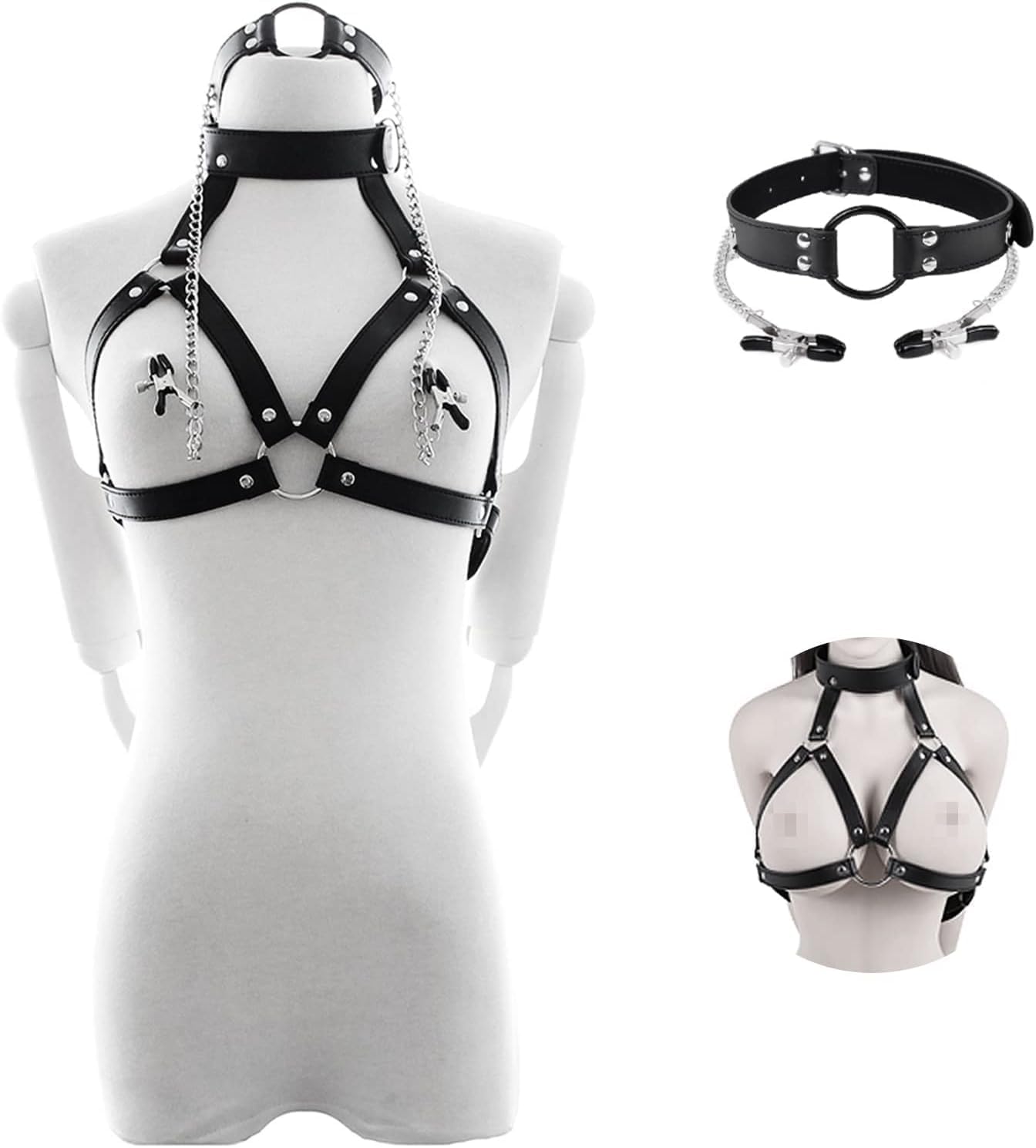 4 in-1 Bondage Restraints BDSM Open Mouth Sex Toys - Adjustable Bondage Gear & Accessories for Adult Couples, Chest Harness, Nipple Clamp, Neck Collar, and Set Sex Game Tool (Black)