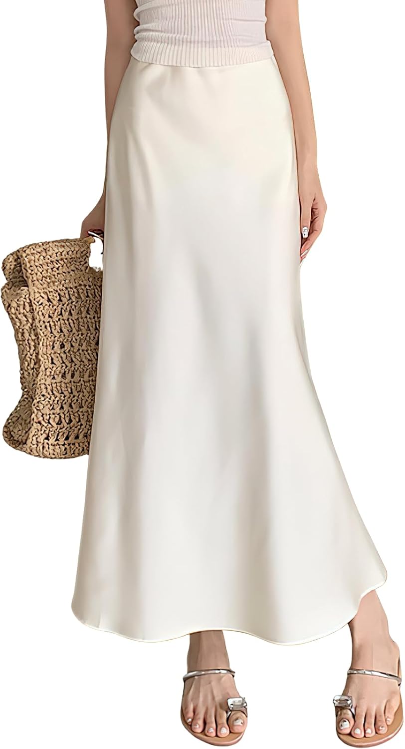 ebossy Women's Elegant Long Satin Skirt Silk Dressy Hidden Elastic Waist Flared A-Line Maxi Skirts (Small, Beige)