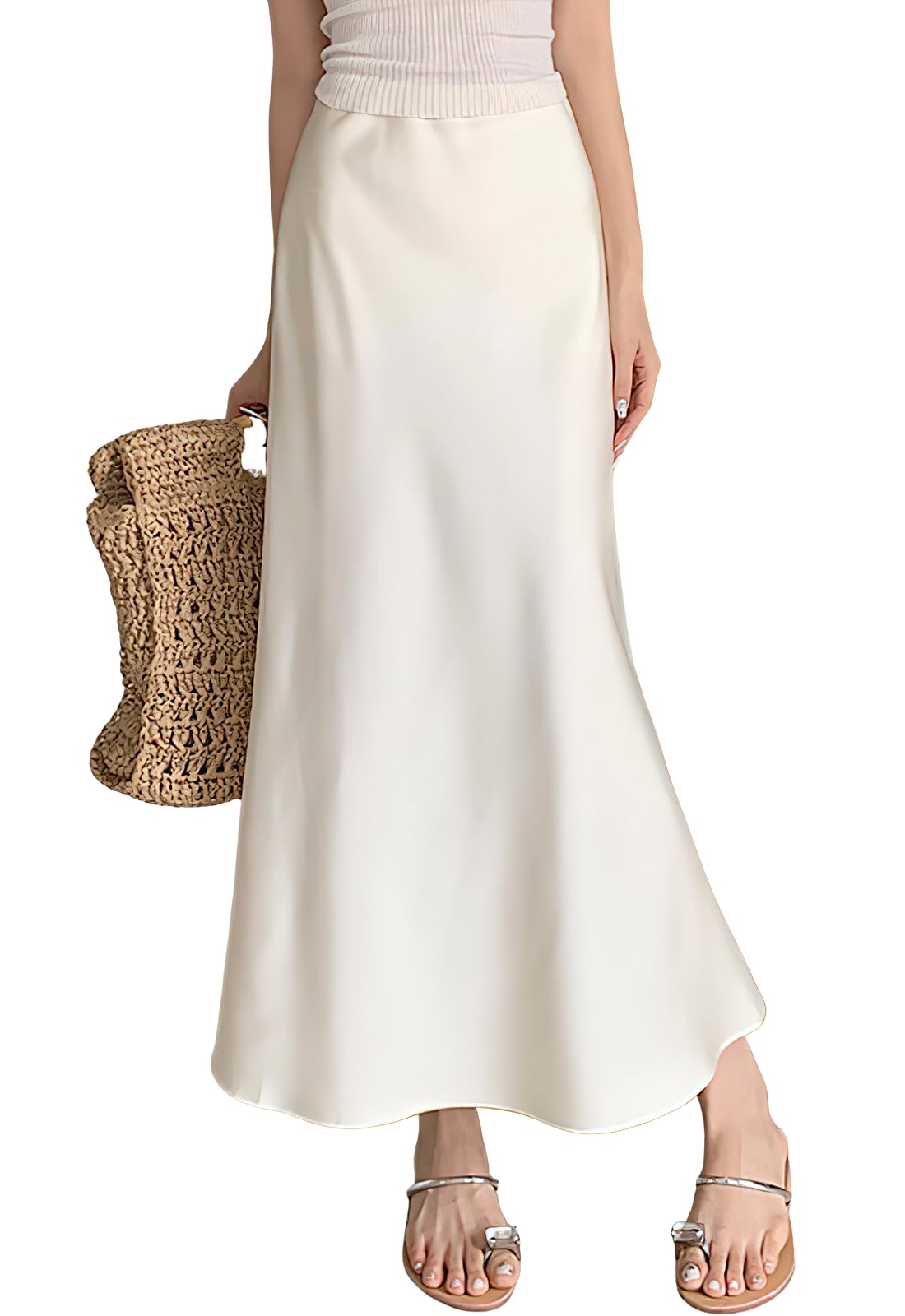 ebossy Womens Elegant Long Satin Skirt Silk Dressy Hidden Elastic Waist Flared A-Line Maxi Skirts