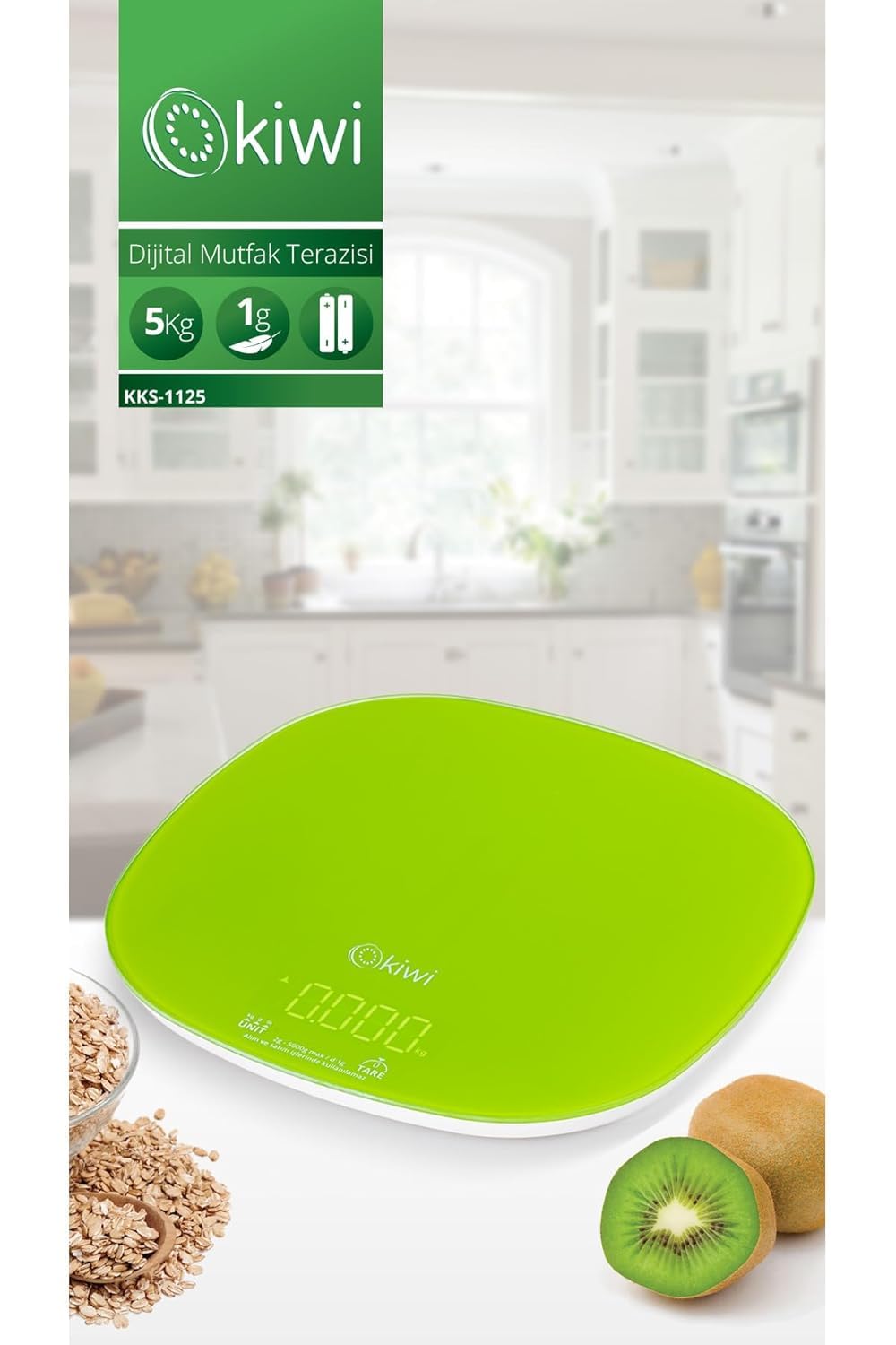 Kiwi KKS-1125 Dijital Mutfak Terazisi, 5 kg Kapasite ve 1 gr Hassasiyet, LCD Ekranlı Hassas Hassas Ölçüm Tartısı, Yeşil