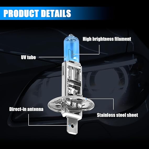 2PCS Car H1 Halogen Bulbs, 12V 100W Car Xenon Light Bulb Headlight Bulbs, Super Bright High Beam, Low Beam and Fog Replacement Bulb, Universal for Most Car Truck Van SUV