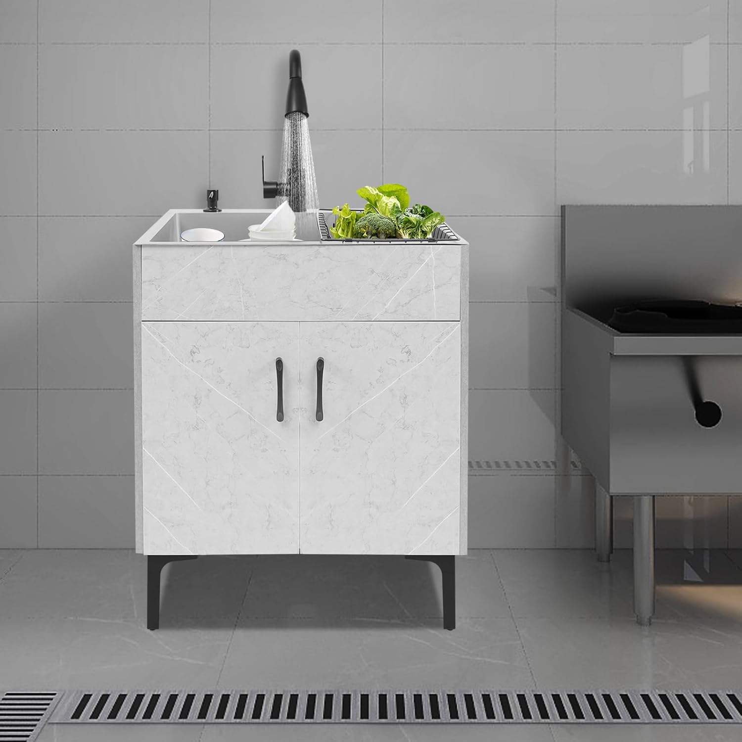 Kitchen Sink with Cabinet Laundry Sink with Faucet and Drain Basket Freestanding Sink Cabinet for Laundry & Utility Room Garage Basement Hotel RV,30.3 Height (Gray)