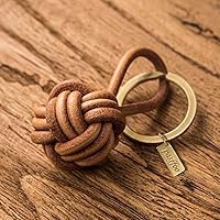 Vista 3 de Leather Tassel KeyChain Hand Woven ball Braided leather rope Fob Charm，Personalized Key Holder Charm Pendant，Brass key ring.