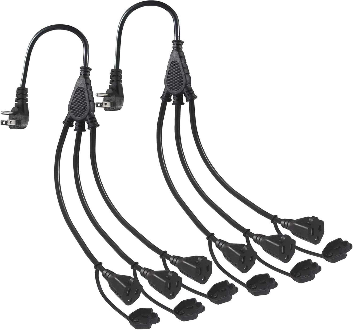 KUNCAN Outdoor 3-Outlet Power Splitter, 90-Degree Flat Plug 1 to 3 Way Outlet Adapter 1.5FT SJTW 16AWG 3-Prong Power Cord Extension Strip with Outlet Cover for Holiday Decoration String Light(2-Pack) 1.5FT 2-Pack