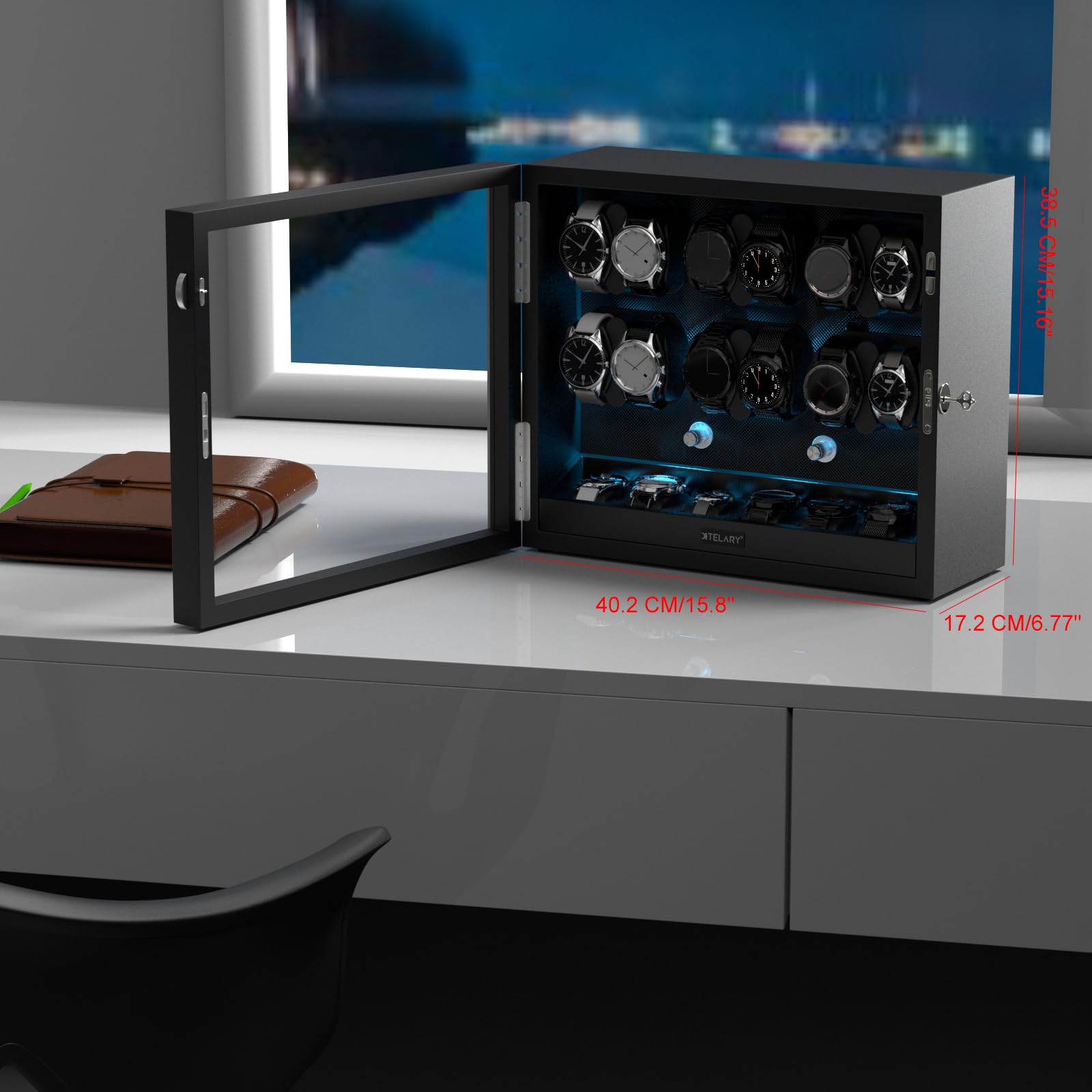 XTELARY Uhrenbeweger für 12 Automatikuhren, Abschließbarer Automatikbeweger mit Extra 6 Uhrenfächern, 4 Rotationsmodi, Flexible Uhrenkissen, Leiser Mabuchi Motor und Blaue Hintergrundbeleuchtung,Black