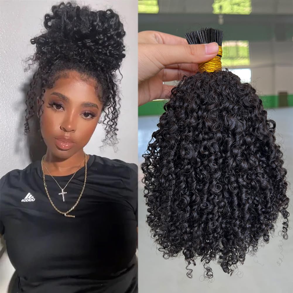 Afro Kinky Curly I Tip Human Hair Extensions Double Drawn Mongolian Virgin Fusion Hair Bundles 3c 4a Real Human ITip Hair for Black Women Walnut hair 16inch 80g