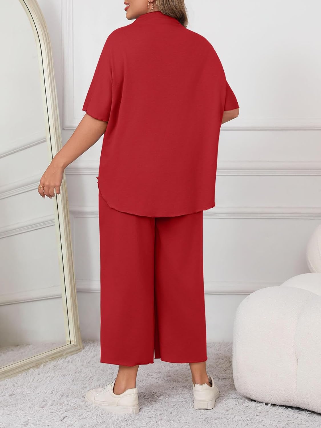 Beautife Women's Plus Size 2 Piece Outfits 3/4 Batwing Sleeve Capelet Crew Neck Pullover Top Wide Leg Pants Lounge Set Red - Image 2