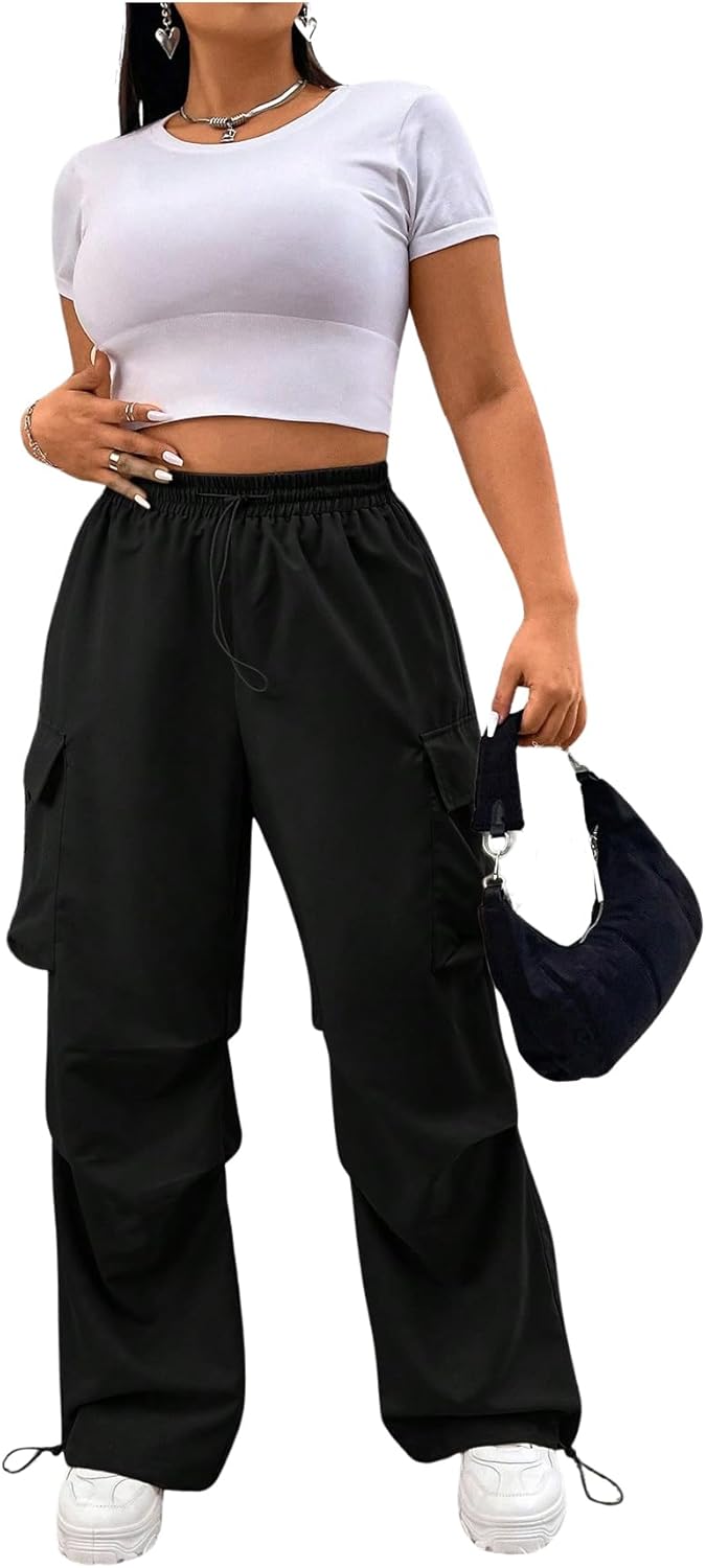 OYOANGLE Women's Plus Size Elastic Waist Cargo Pants Flap Pocket Ruched Parachute Pants Y2k Jogger Sweatpants - Image 6