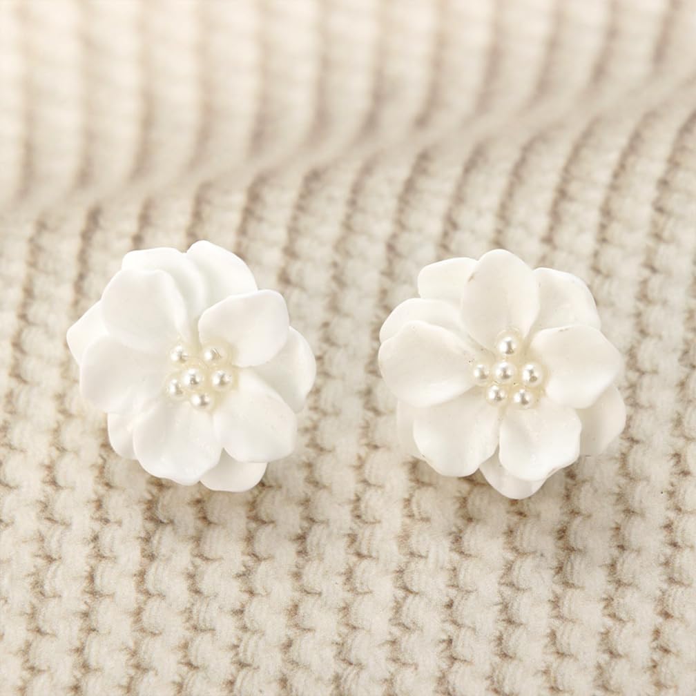 White Flowers Pearls Stud Earrings for Women Dainty Acrylic Floral Statement Dangling Earrings Boho Yellow Petal Blossom Jewelry Mothers Day Accessories - Image 7