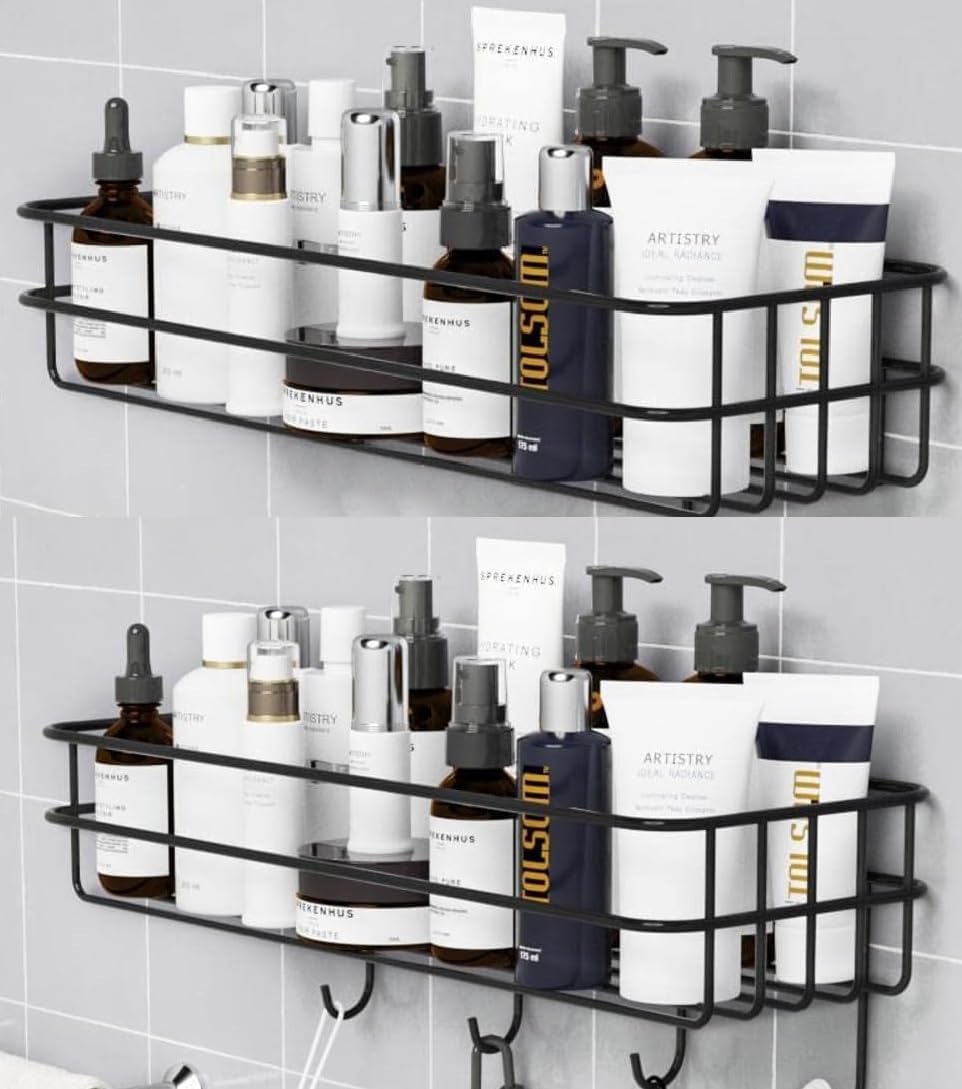 iSTAR GI Steel Self-Adhesive Multipurpose Bathroom Shelf with Hooks/Towel Holder/Bathroom Rack/Bathroom Accessories-Wall Mount - (Black,Powder Coated) (Pack of 2)