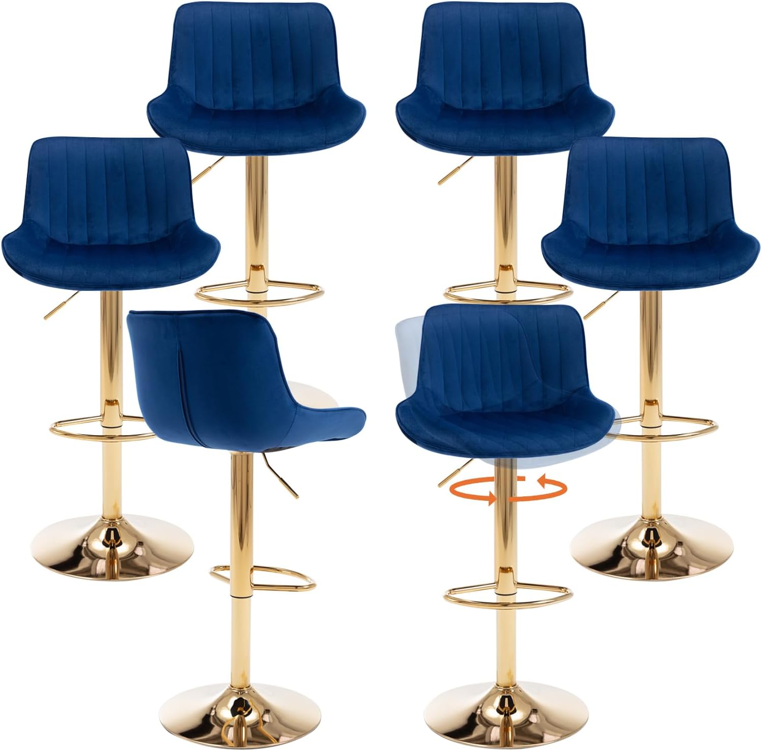 Gold Bar Stools Set of 6，Adjustable Modern Counter Height Stools with Backs,Upholstered Velvet Swivel Bar Chairs for Kitchen Island, Pub, Cafe (Navy Blue)