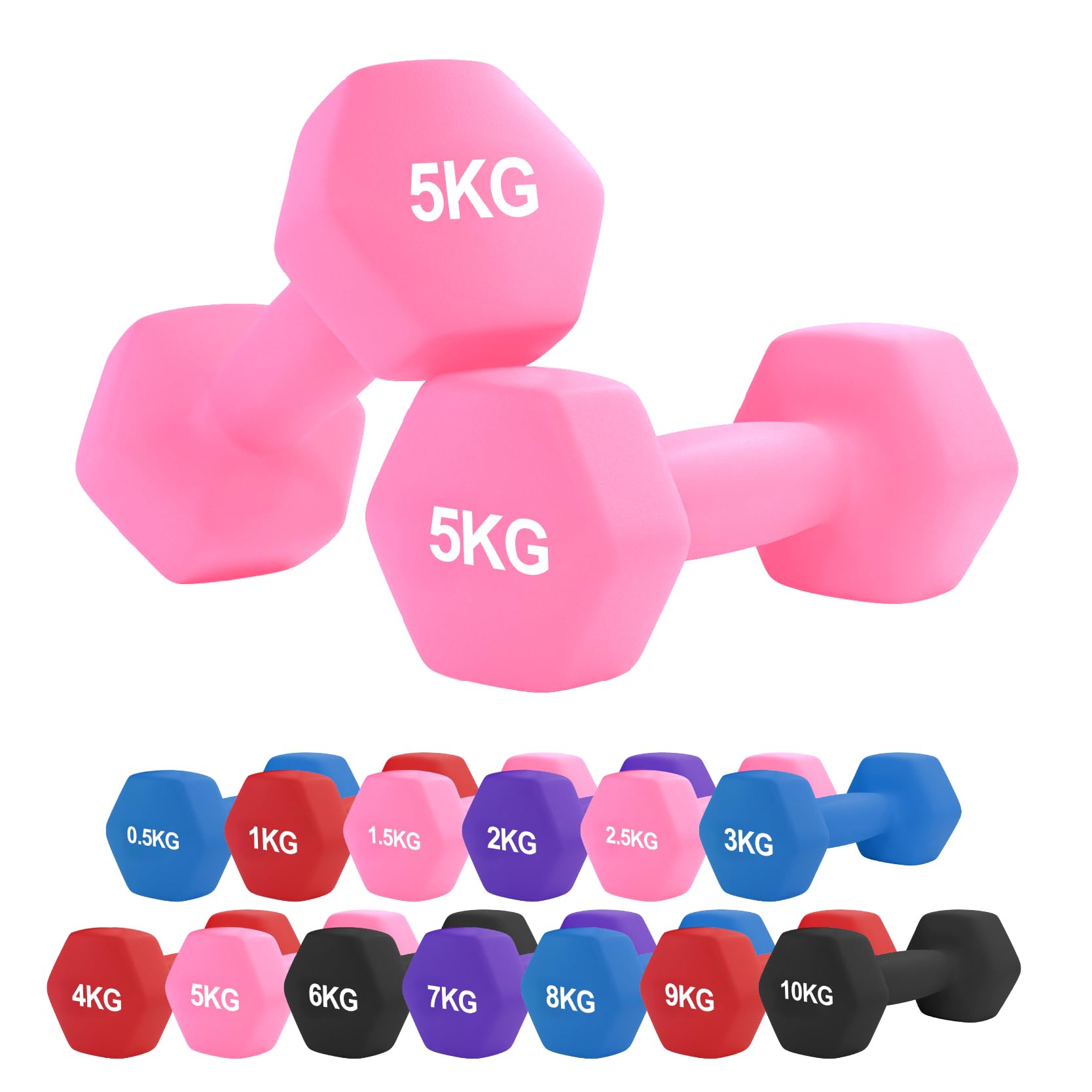 Neoprene Dumbbells (5kg) Pair – Pink with Anti-Slip Grip | Hex Hand Weights for Women & Men | Water-Resistant Coating Strength Training for Home Gym Workouts