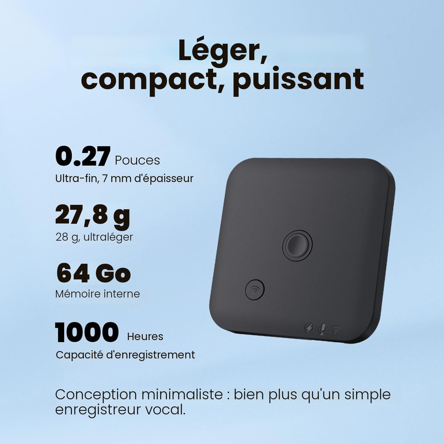 Enregistreur Vocal Numérique IA 64 Go avec ChatGPT 4o, Dictaphone Magnétique pour Transcription 102 Langues, Noir