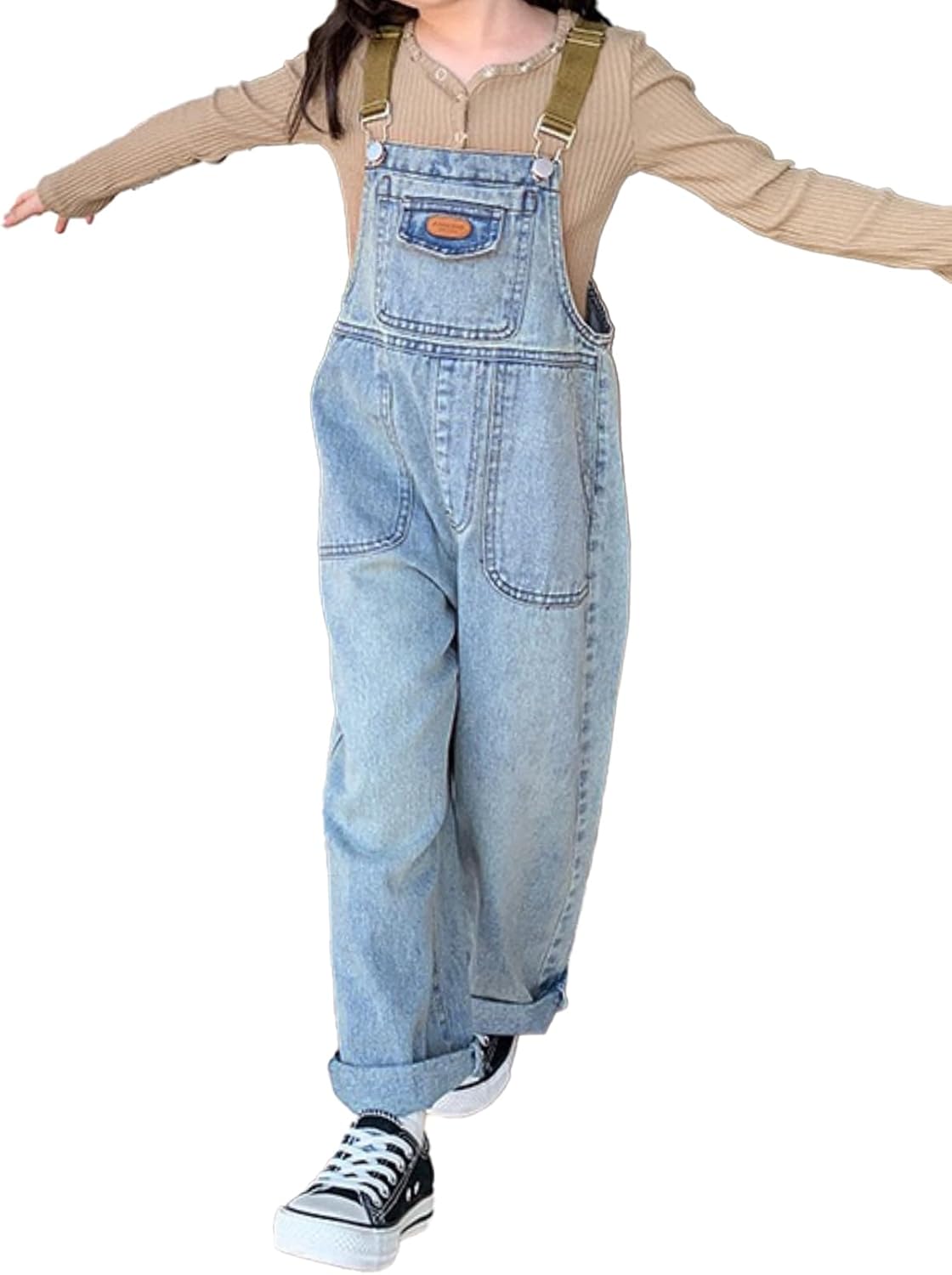 Miipat Toddler Girls Overalls Denim Bib Jumpsuit Little Kids Baggy Jeans Overalls with Side Pockets 2-7 Years