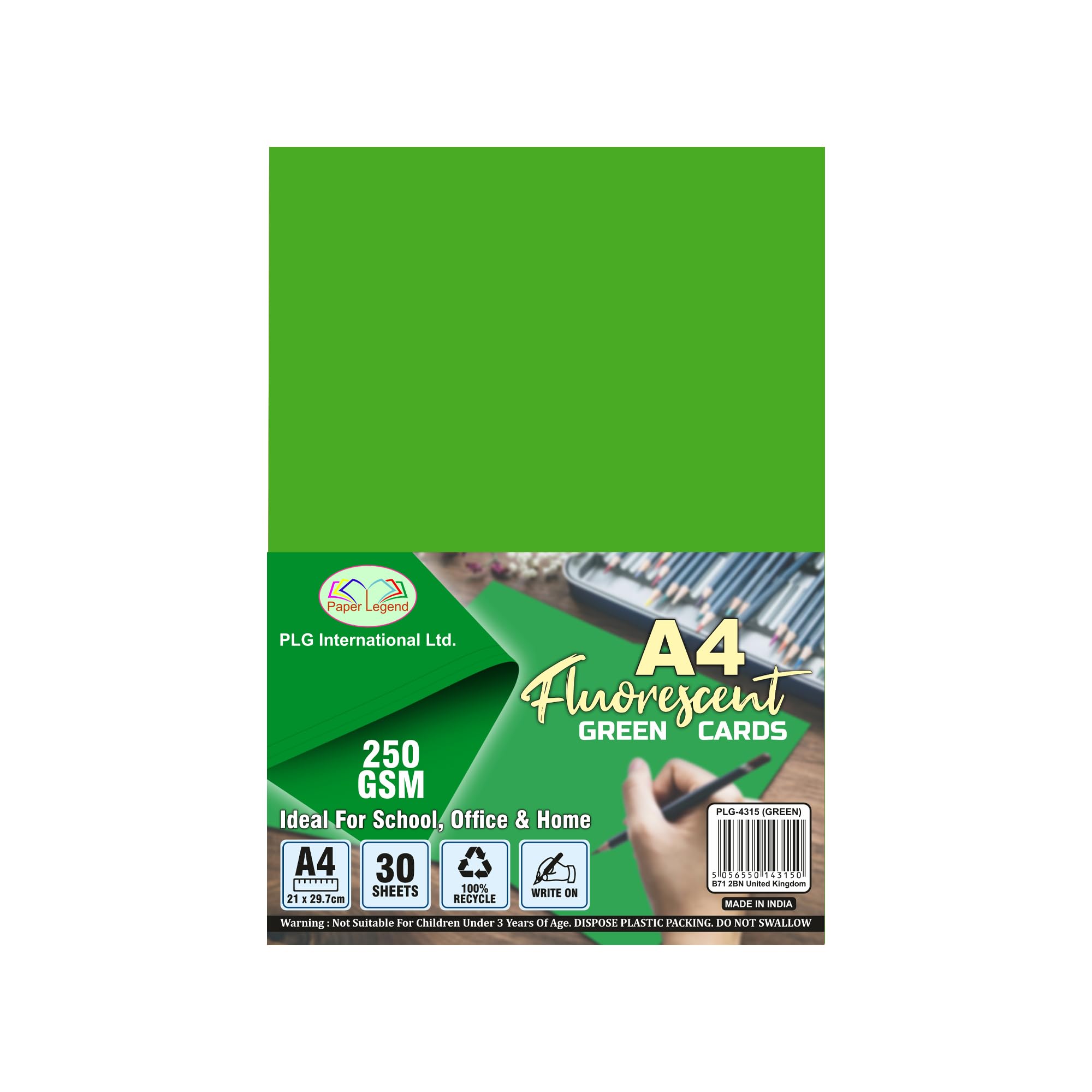 60 Sheets A4 Fluorescent Coloured Cards - 250GSM Thick Colourful Art & Crafts Paper 100% Recycled Bright Neon Colour Card Stock for Printer, School Projects, Greeting Cards, Scrapbooking (Green)