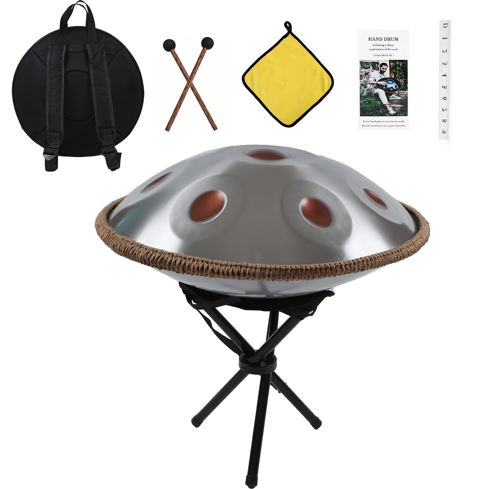 Handpan Drum Tambour en acier mineur D 10 tons 66 cm 440 Hz Instrument de tambour pour yoga, méditation avec sacs à main, support de batterie, chiffon (argenté, 10 tons)