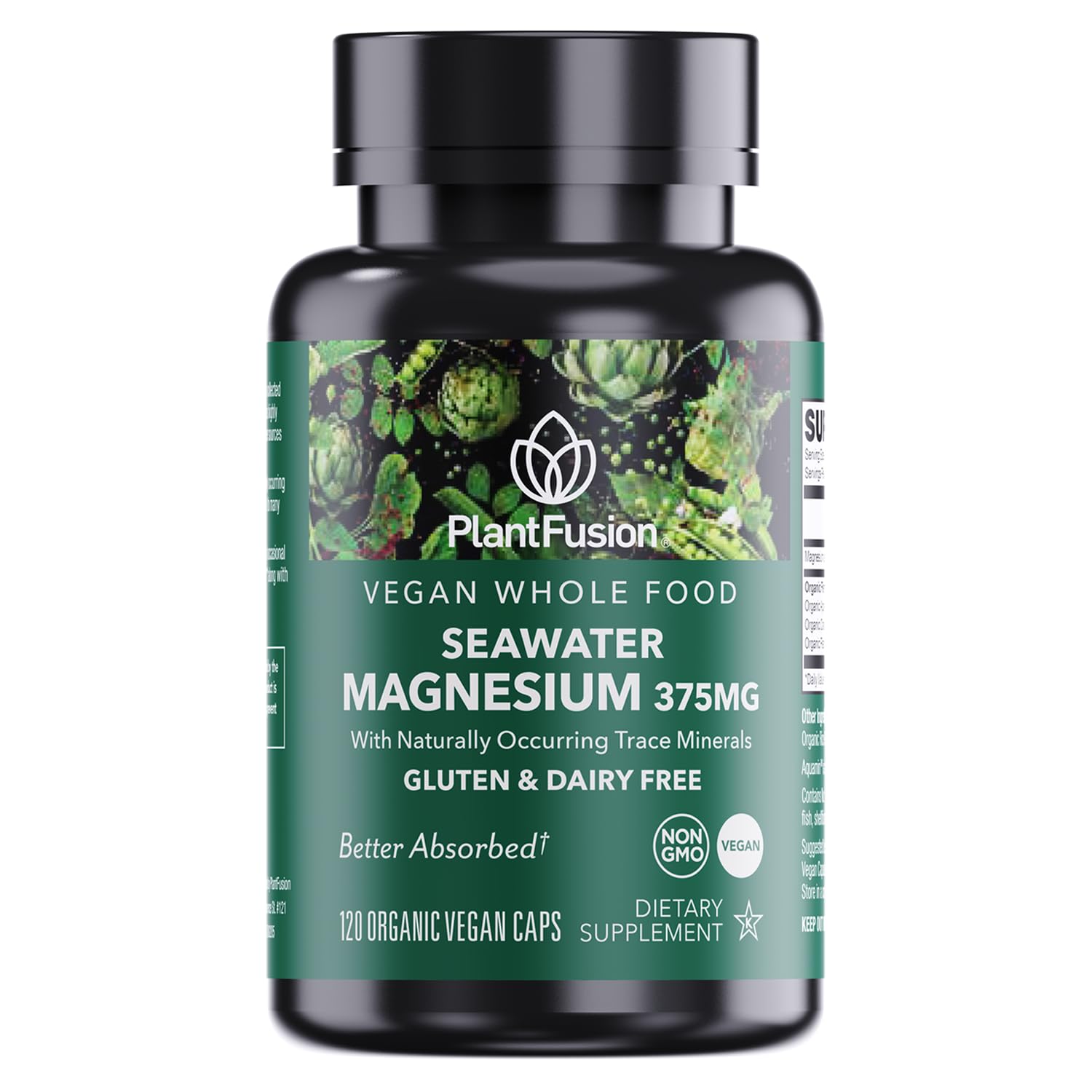 PlantFusion Vegan Magnesium Complex 375mg from Sea Water, Bioavailable Marine Magnesium with Fermented Organic Whole Food Blend, Non-GMO, Muscle & Relaxation Su