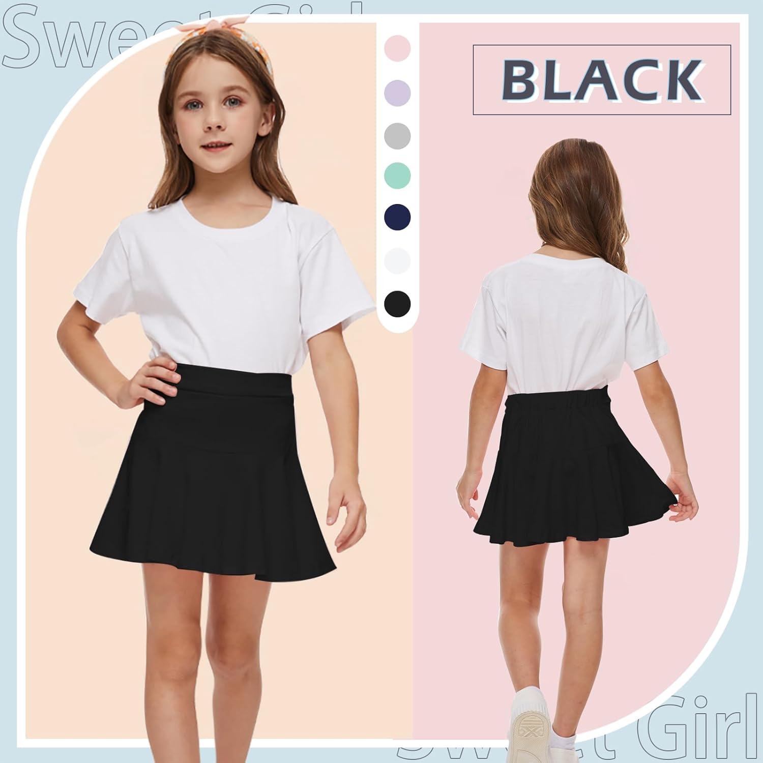 Neutocd Toddler Little Girls Skirts Skorts Elastic Flared Plain Pleated Tennis Skater Skirts for Girls Kids Built in Shorts - Image 2