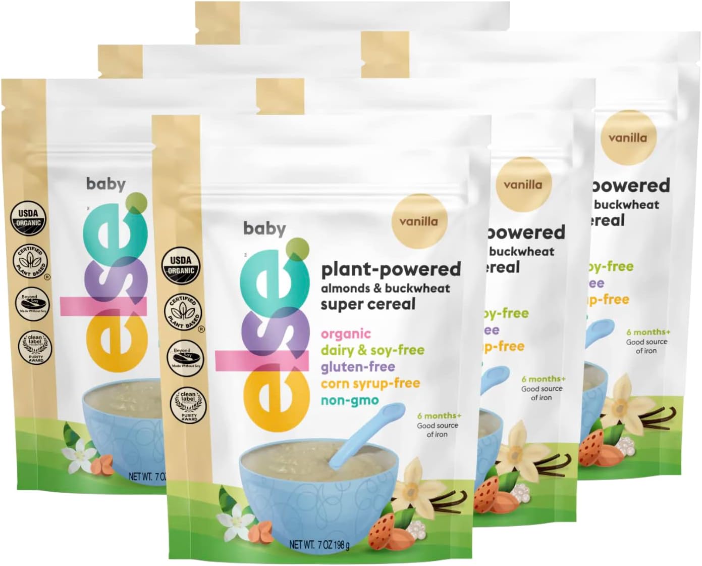 Else Nutrition Super Cereal For Babies 6 mo+, Made With Real Whole Plants for a Nutritionally Balanced meal, with gluten free carbs and plant protein (Vanilla, 6 Pack)