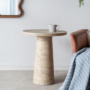 Faux Stone Side Table Round End Table Patio Small Drink Table for Small Spaces, Rustic Circle Pedestal End Tables Farmhouse Nightstand for Living Room Bedroom Corners Office Outdoor Cream