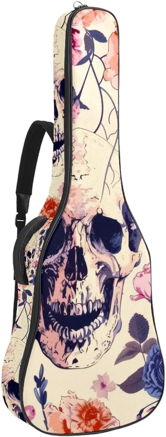 Acoustic Guitar Bag, 40 41 42 Inch Guitar Case Cover Soft Guitar Gig Bag for Acoustic Electric Bass Classical Guitar, Skulls with colorful Floral Art Pattern