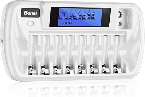 Miniatura 9 de BONAI Cargador de batería AA AAA de 8+1 bahía con pantalla LCD para AA AAA NiMH NiCd y 9V baterías recargables Control independiente y enchufe de