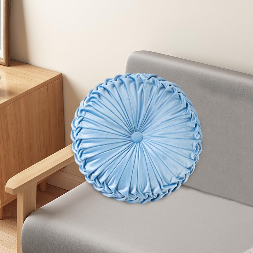 JOYWU Round Pleated Throw Pillow with Center Button,35cm 3D Pumpkin Velvet Pillow Cushion for Couch Chair Bed Car,Pumpkin Boho Chair Cushion,Pleated Design Round Floor Pillows,1 Pcs (Blue)