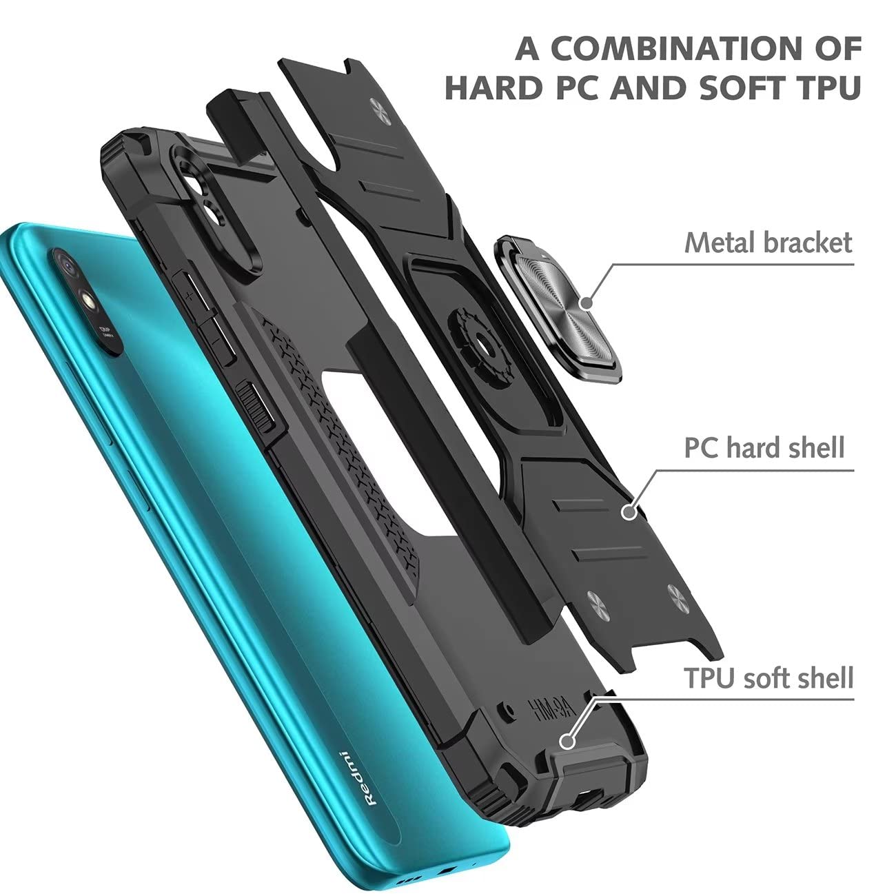 Pixfab Custodia Con Anello Magnetico Per Xiaomi Redmi 9A / 9AT - Antiurto, Supporto Girevole 360°, Piastra Metallica Per Auto - Sottile