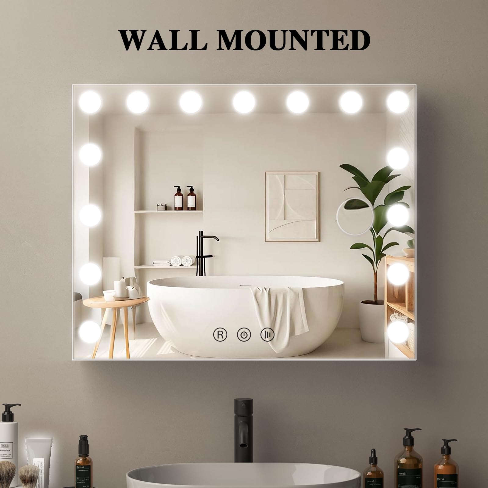 Lustro do makijażu 80x60 cm z 18 LED, możliwość ściemniania, 3 temperaturami barwowymi, z powiększeniem 10x, port wyjściowy USB, Sterowanie Dotykowe (Białe)