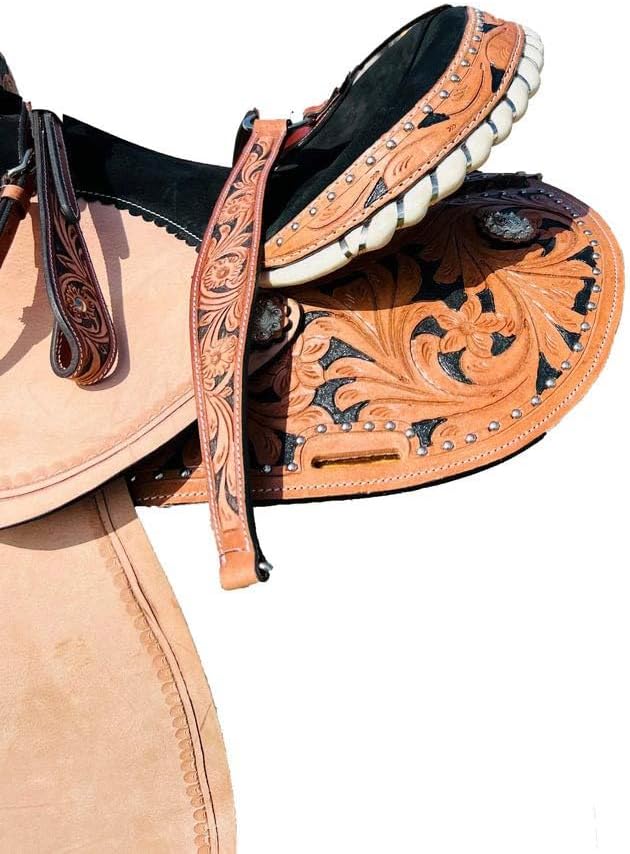 Horse Saddle Western Barrel Racing Custom Cowboy Cowgirl Handmade Premium Leather Pleasure Comfort Trail Tack Equestrian Tooled Carved Pony-Adult Saddle for Riding Size: 10-18 inch Seat, MO-05