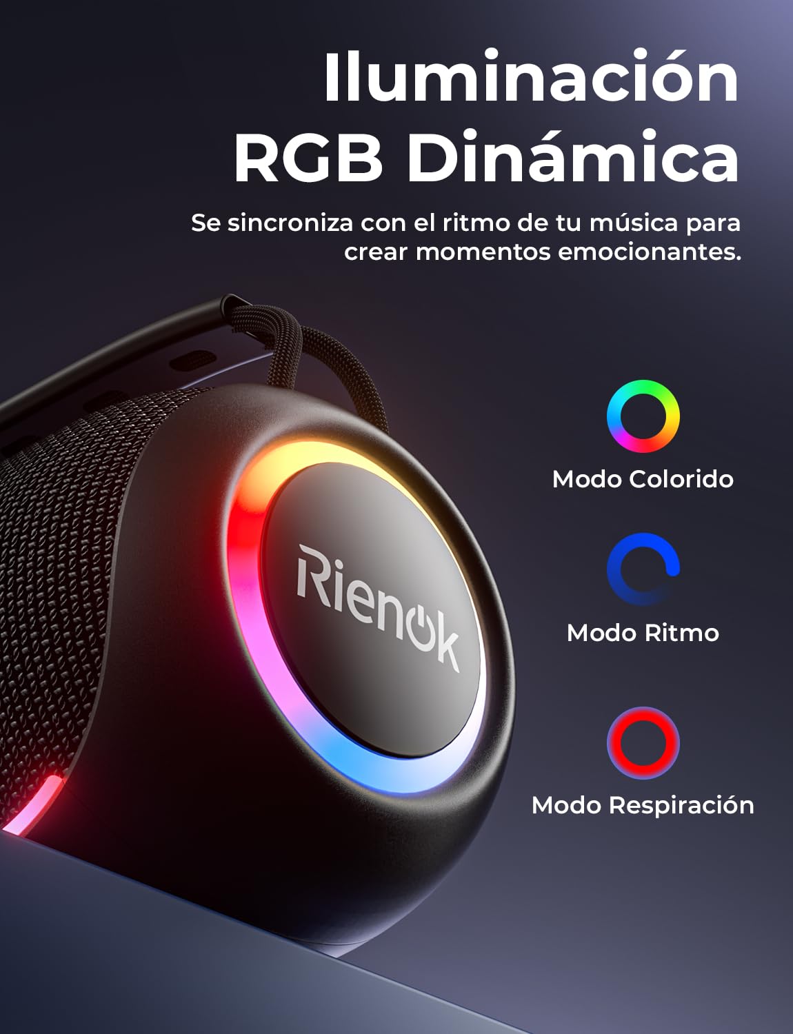 RIENOK Altavoz Bluetooth Potente 80W Portátil 30H Impermeable IPX6 con Luces RGB Bluetooth 5.3 Inalámbrica Emparejamiento Estéreo Apoya 128G Tarjeta TF, AUX, Memoria USB
