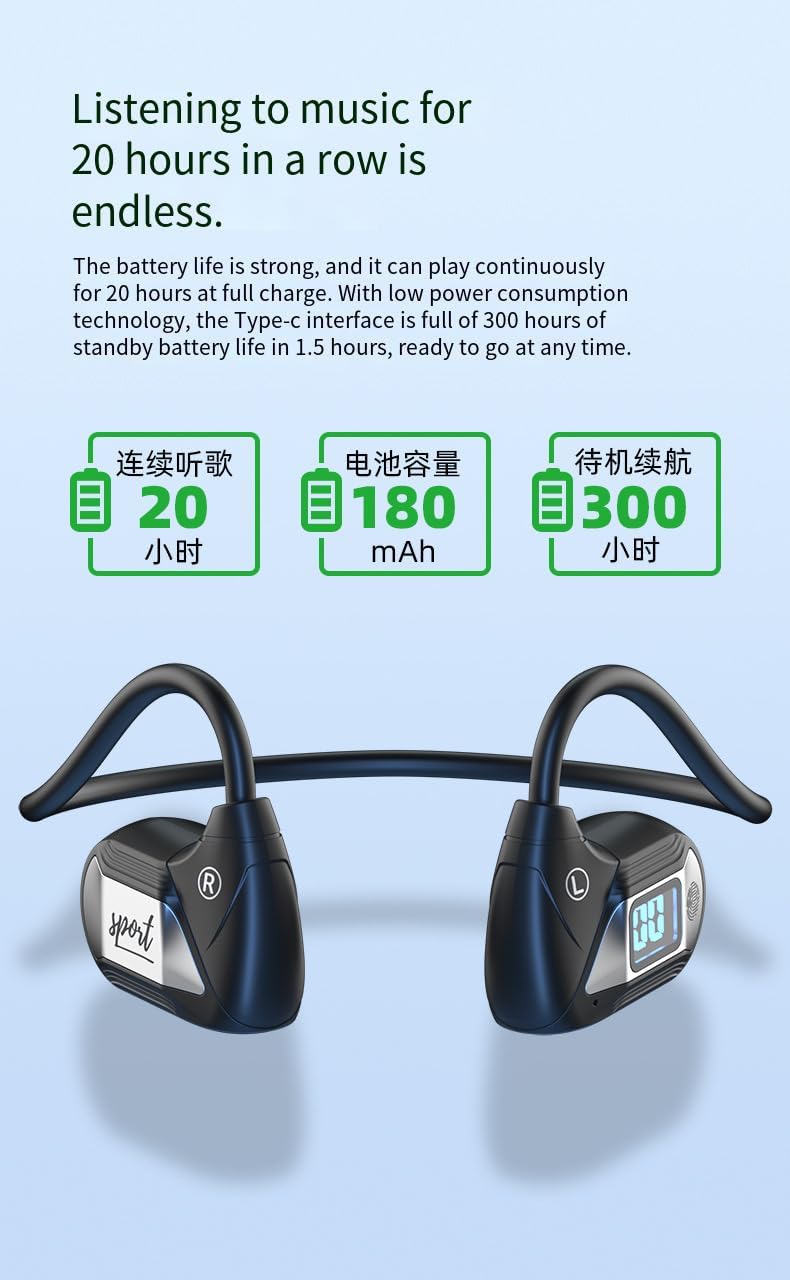 Bone Conduction Headphones Swimming Headphones Open Ear Bluetooth Air Conduction Earphones Ip68 Waterproof Wireless Earbuds with LED Power Display 20Hrs Playtime Sports Earbuds,Green