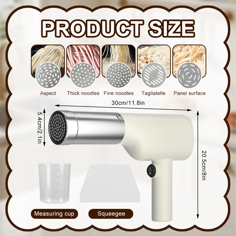 Machine à Pâtes Électrique Sans Fil Portable 40W, Presse à Pâtes Automatique avec 5 Moules, Spaghetti Nouilles Maison, Robot Cuisine Compact, Acier Inoxydable 304, Facile à Utiliser